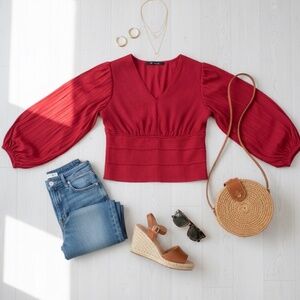 ✨ V-Neck Lantern Sleeve Pleated Blouse in Crimson Red - Size Small